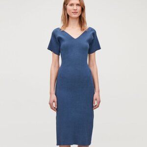 COS Ribbed Cotton-knit V-neck Dress In Blue